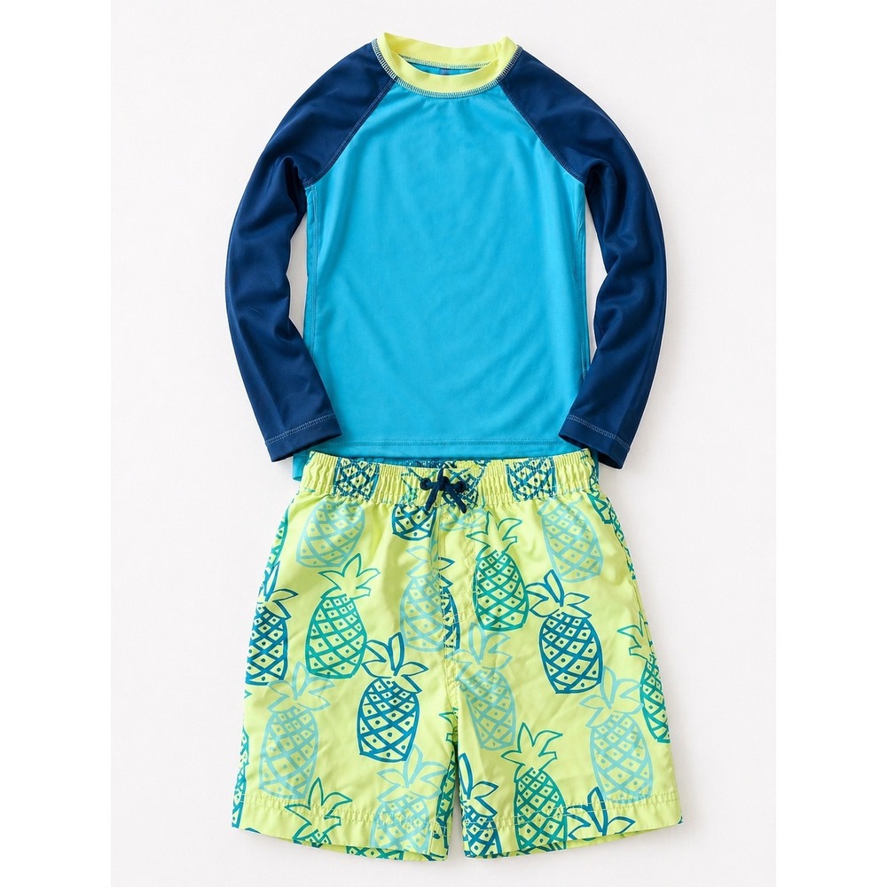 Tea Collection Boys Blue Rash Guard and Pineapple Swim Trunks Set Size 7